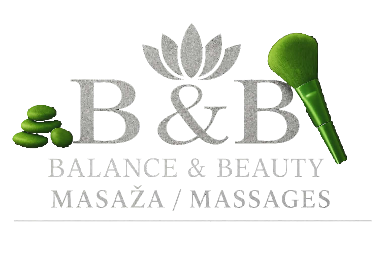 Logotip Balance & Beauty — lotos in zelena masažna kamenca
